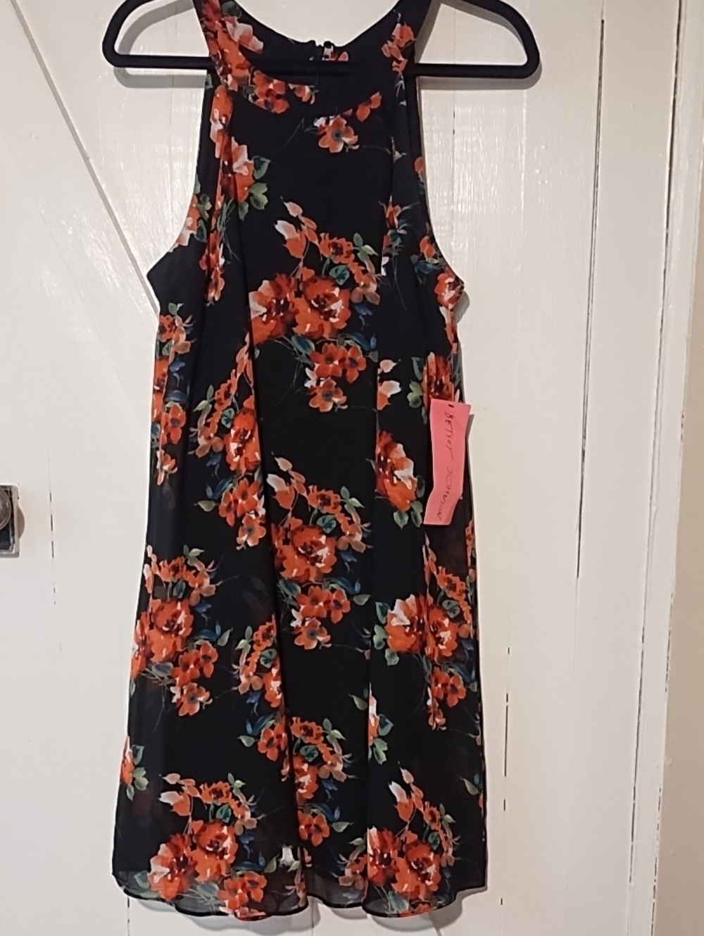 Betsey Johnson NWT Size 12 Black & Coral Halter Dress with Floral Print Lined.